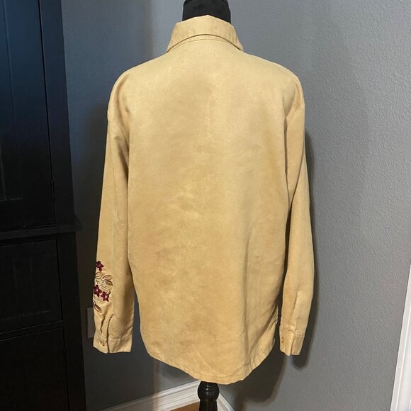 Faux Suede Shirt Womens L Embroidered Floral Y2K Tan Western Boho Cowgirl - Picture 7 of 8